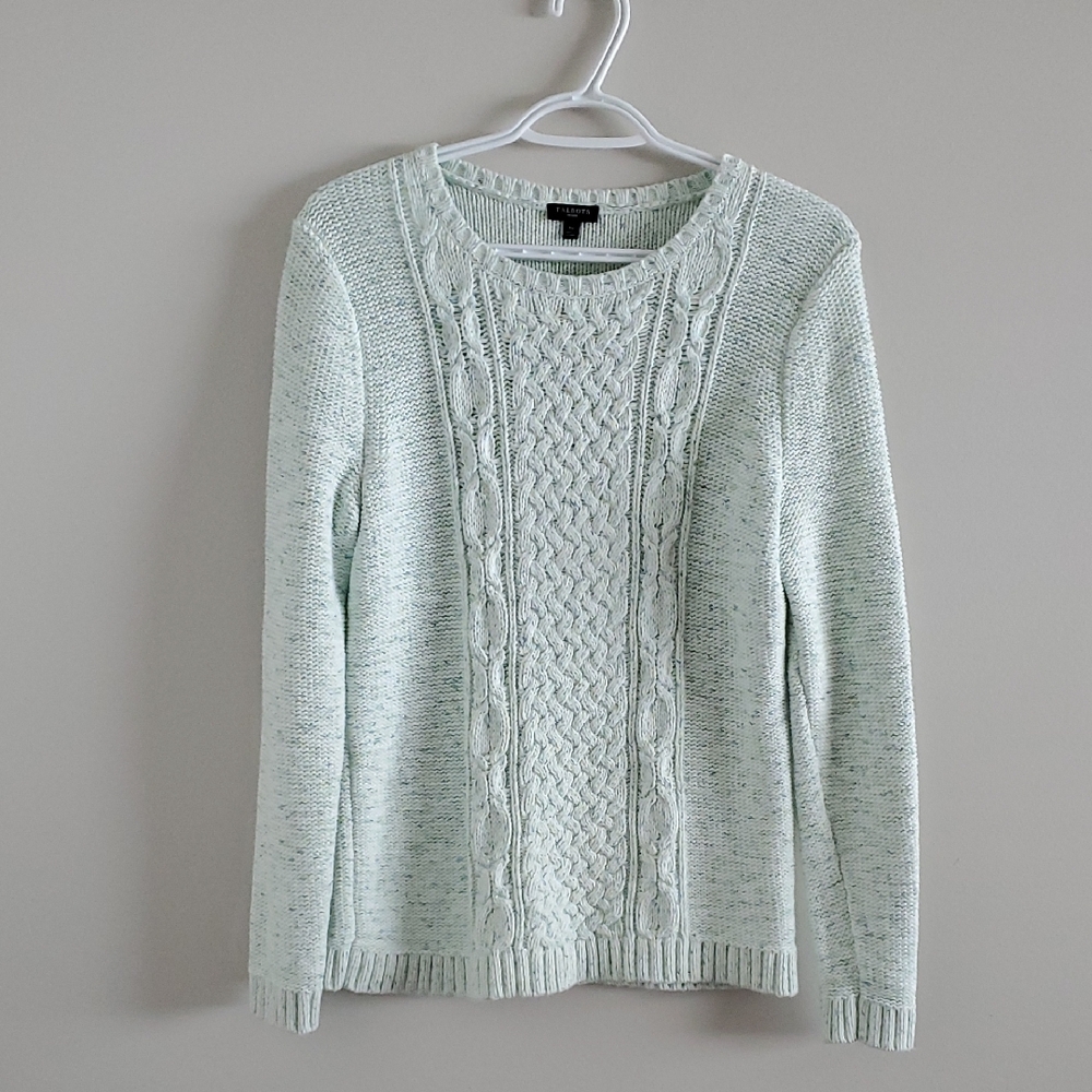 Talbots Petite Light Green Cable Knit Cotton Cabincore Preppy Sweater Sz M
